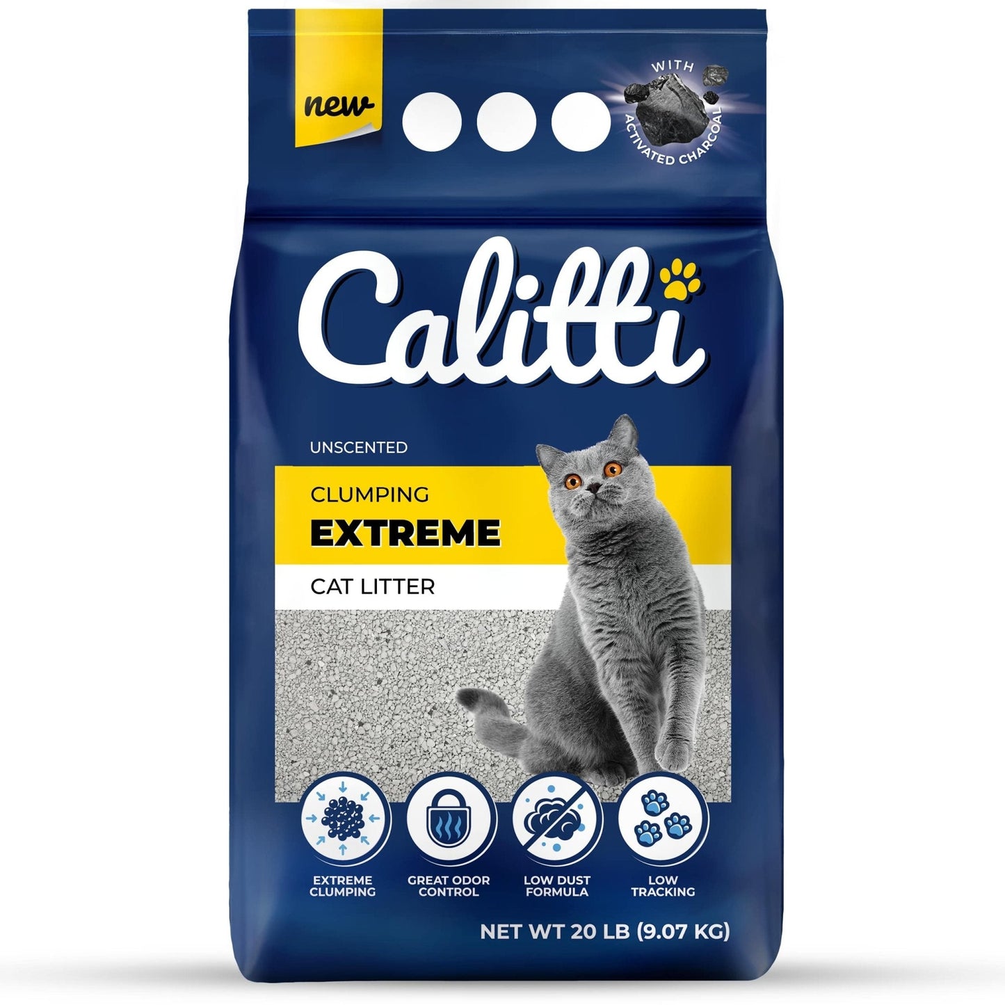 Bag of Calitti Clumping Extreme cat litter with a cat on the label.