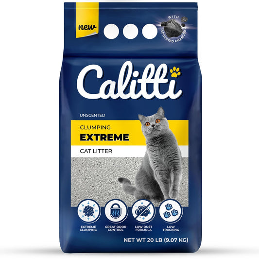 Bag of Calitti Clumping Extreme cat litter with a cat on the label.