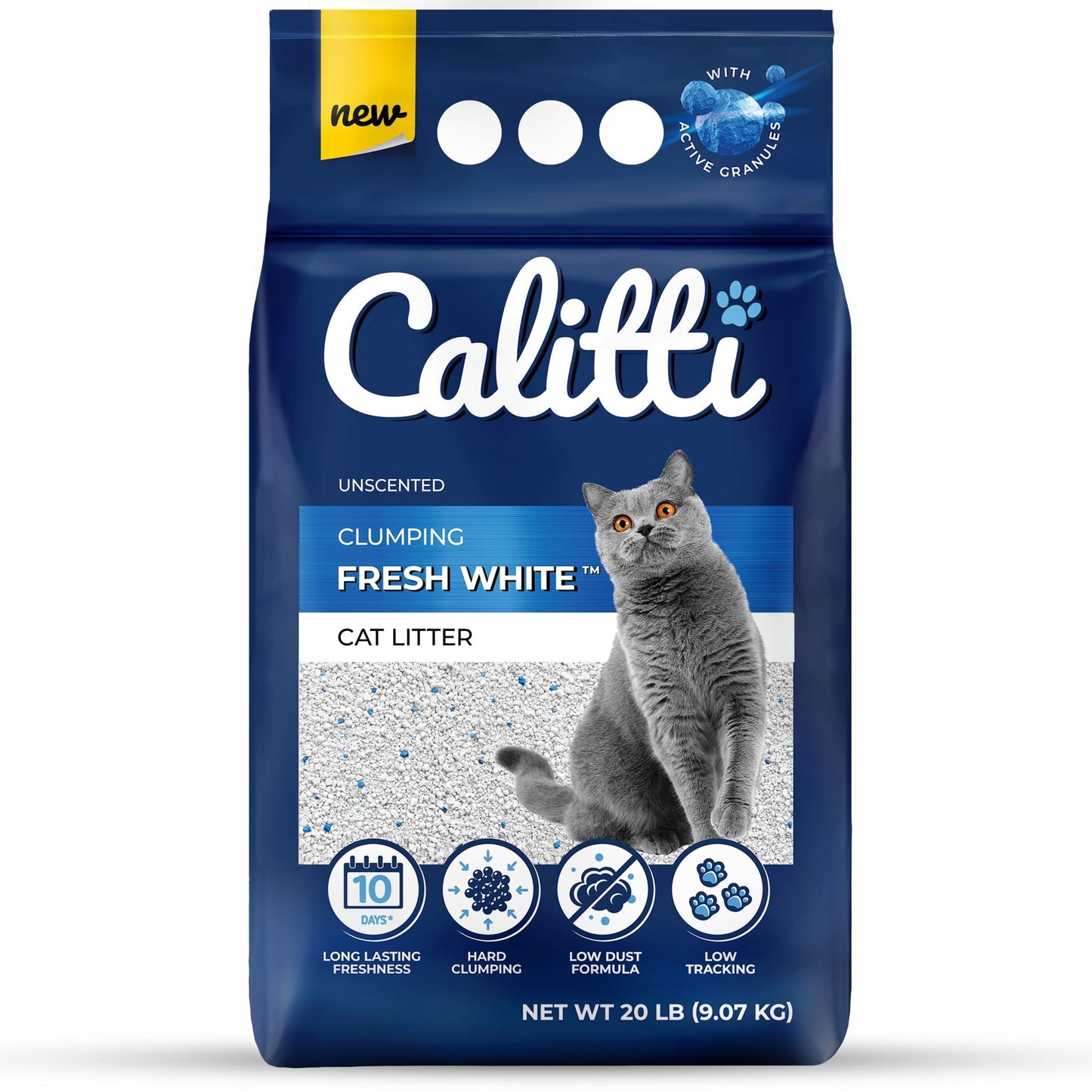 Bag of Calitti fresh white cat litter with a cat on the label