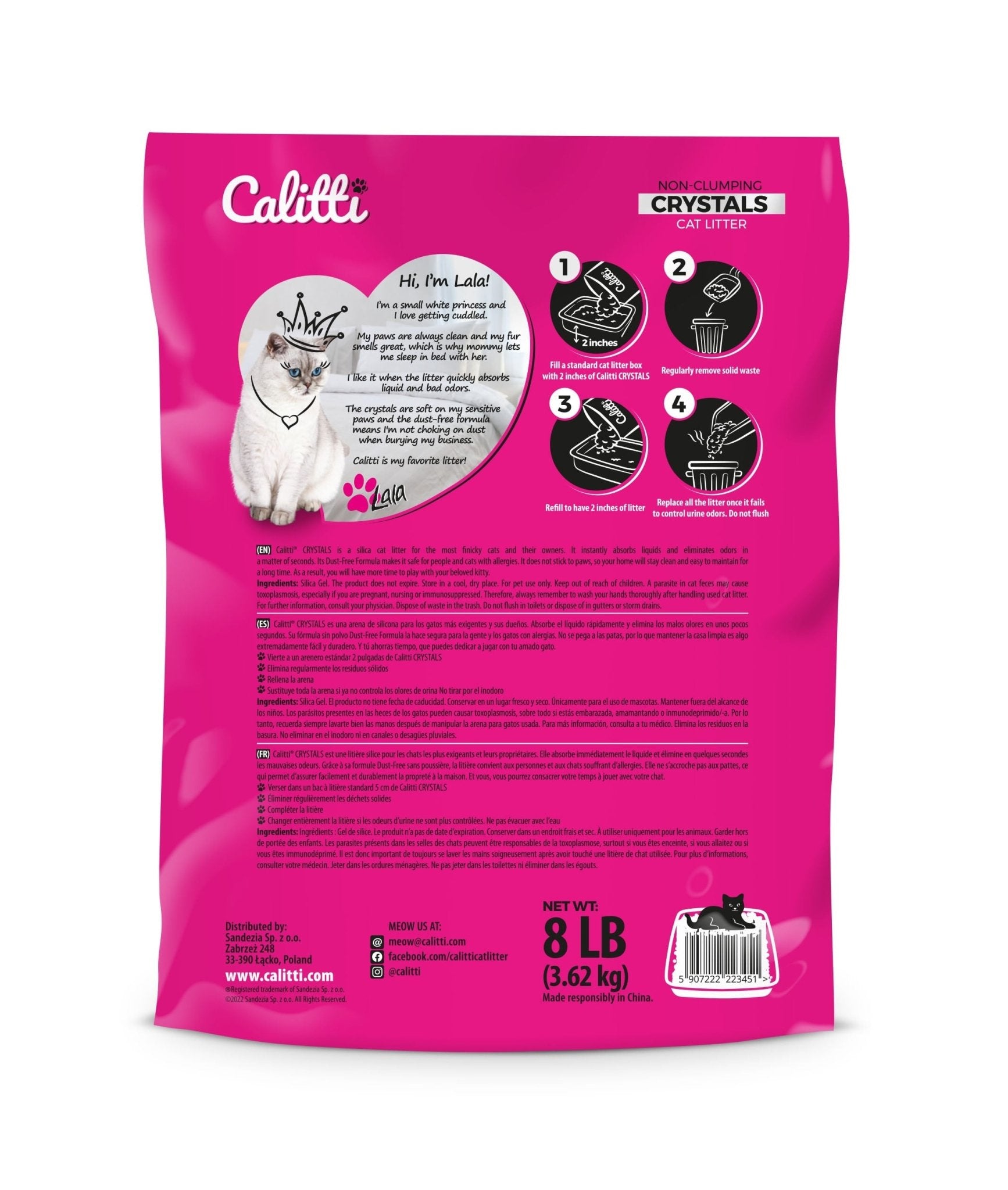 Pink packaging of Calitti cat food with a cat illustration and text.