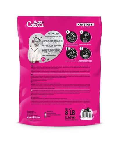 Pink packaging of Calitti cat food with a cat illustration and text.
