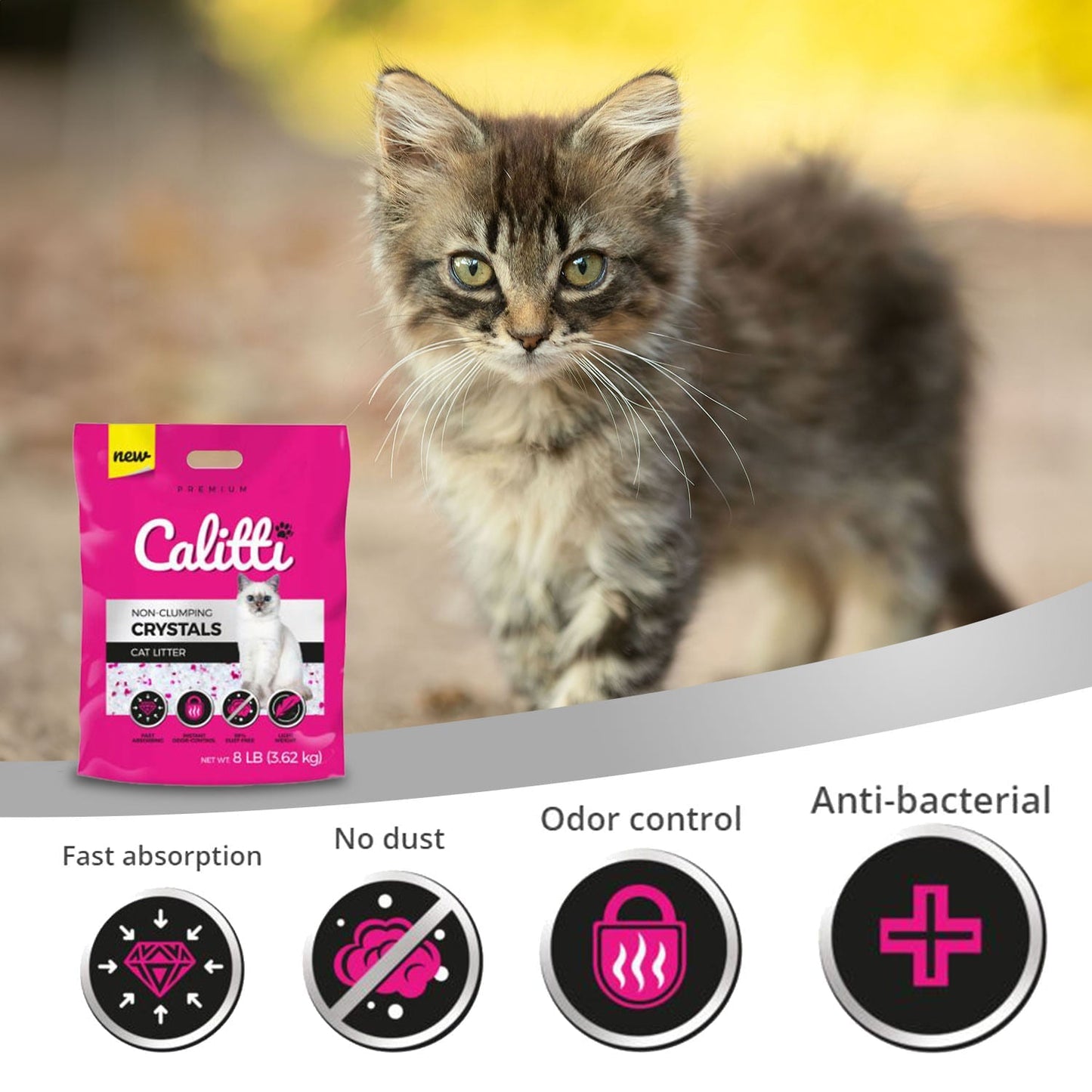 Kitten with a Caletti cat litter package and product features listed.