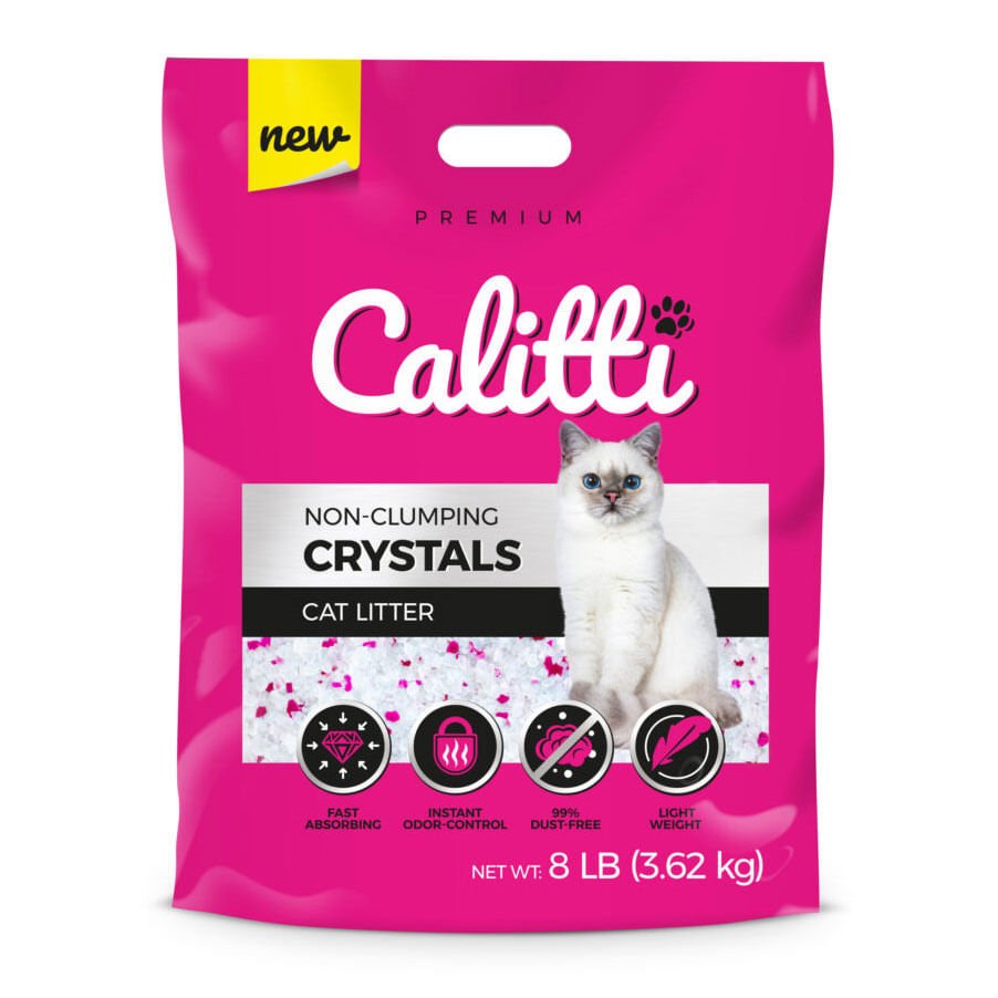 Pink bag of Calitti cat litter with a cat on the label