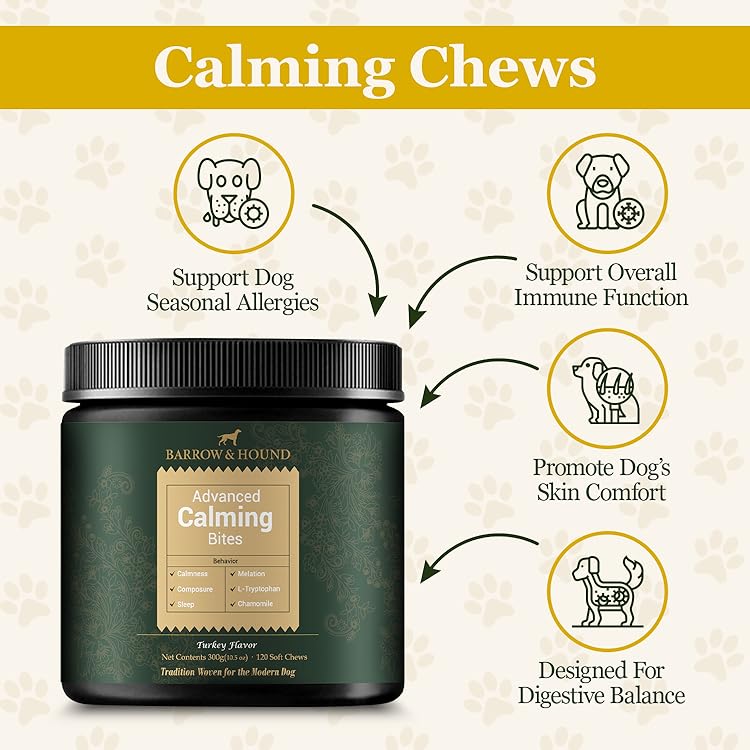 Jar of Barrow & Hound Advanced Calming Bites with benefits listed on a beige background