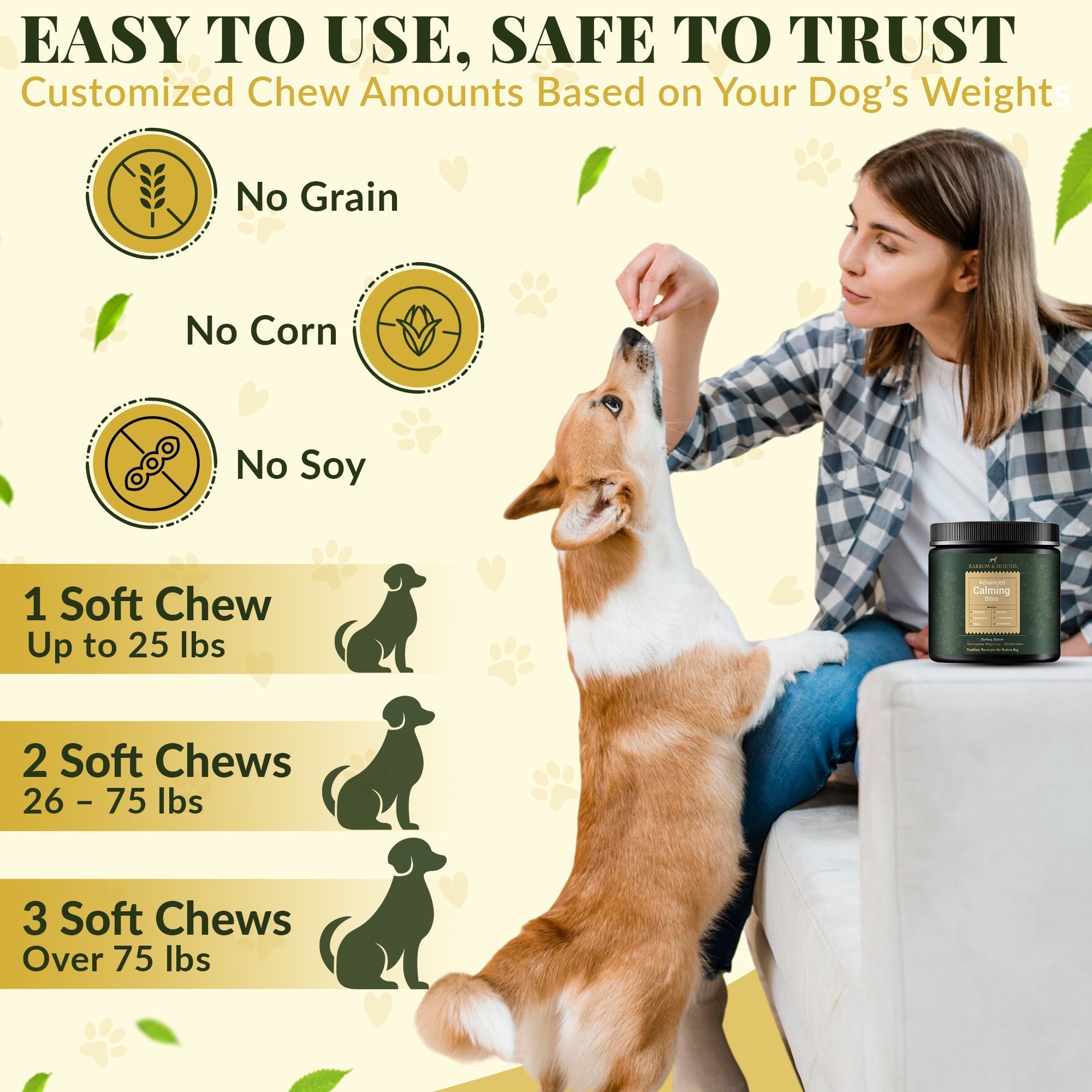 Woman feeding a dog a treat with product information on a light background