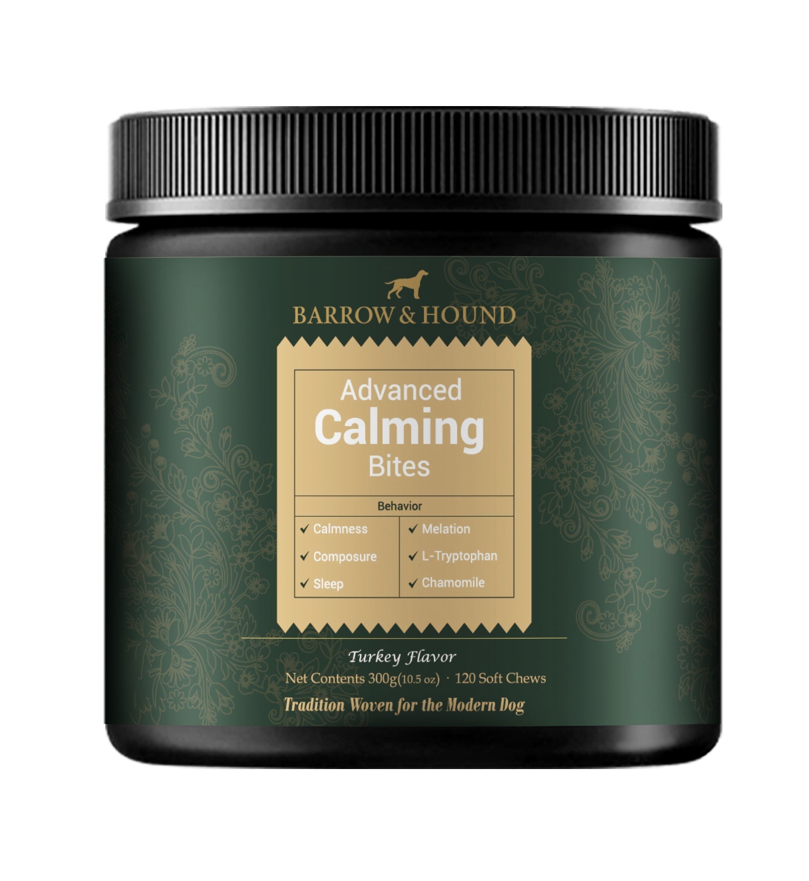 Container of Barrow & Hound Advanced Calming Bites on a white background