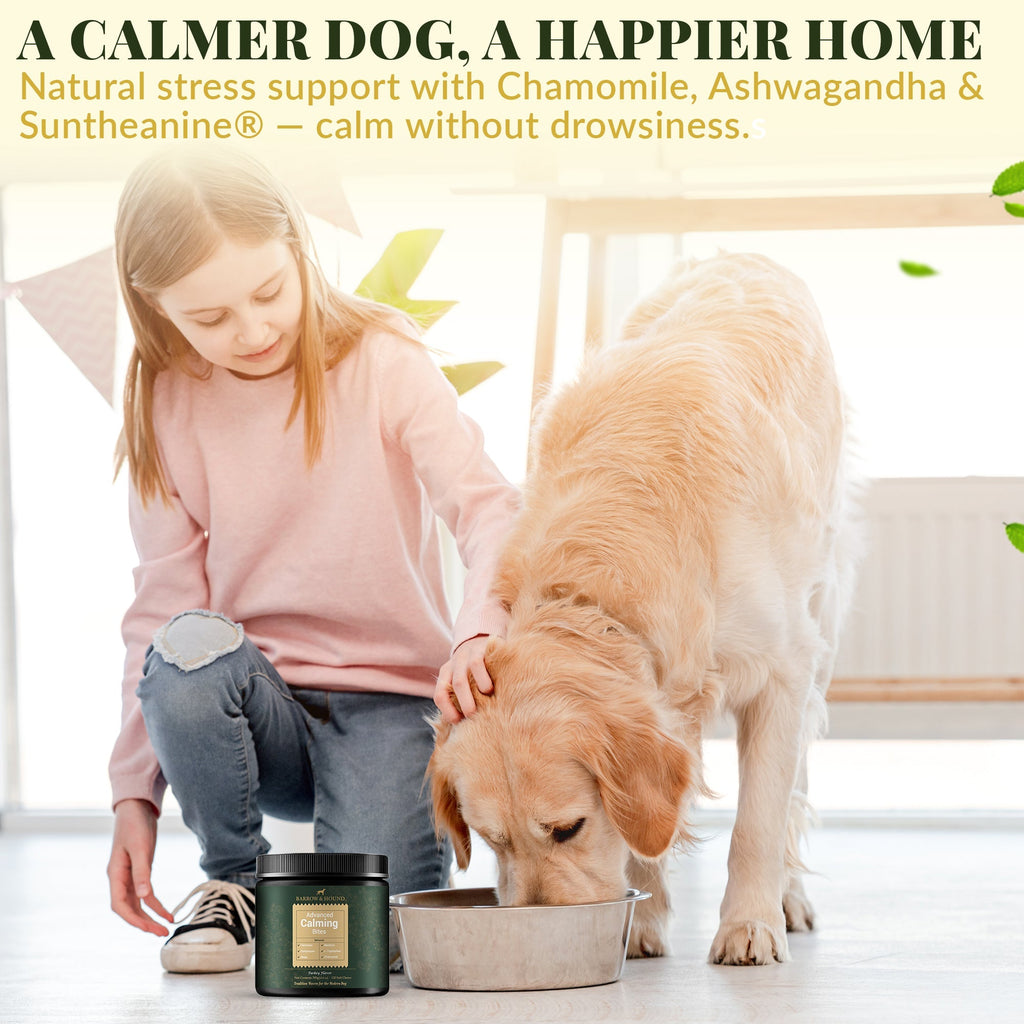 Girl petting a dog next to a bowl and a container with text about natural stress support for pets.