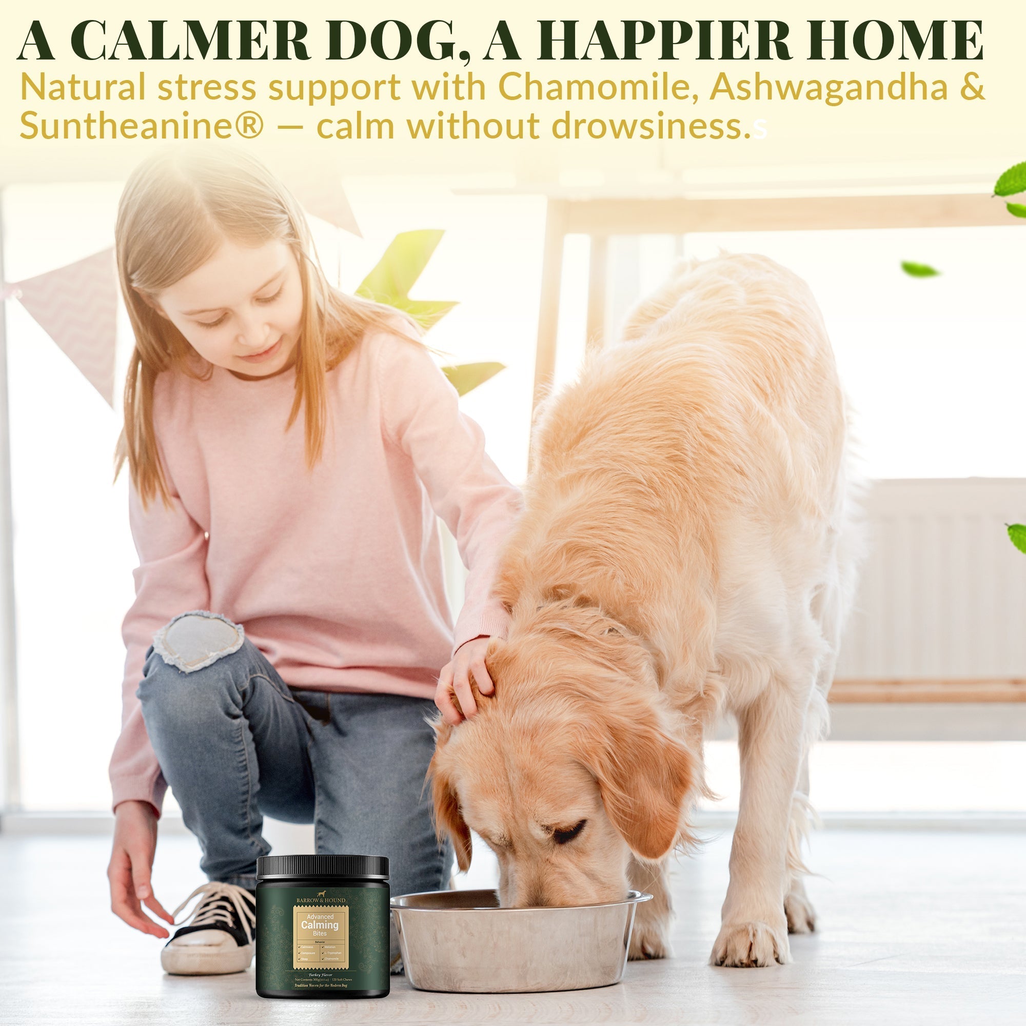 Girl petting a dog next to a bowl and a container with text about natural stress support for pets.