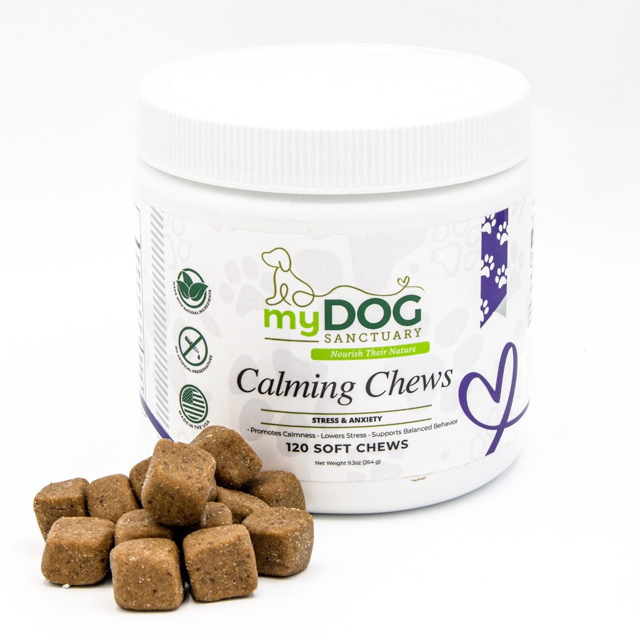 Container of myDOG SANCTUARY Calming Chews with treats on a white background