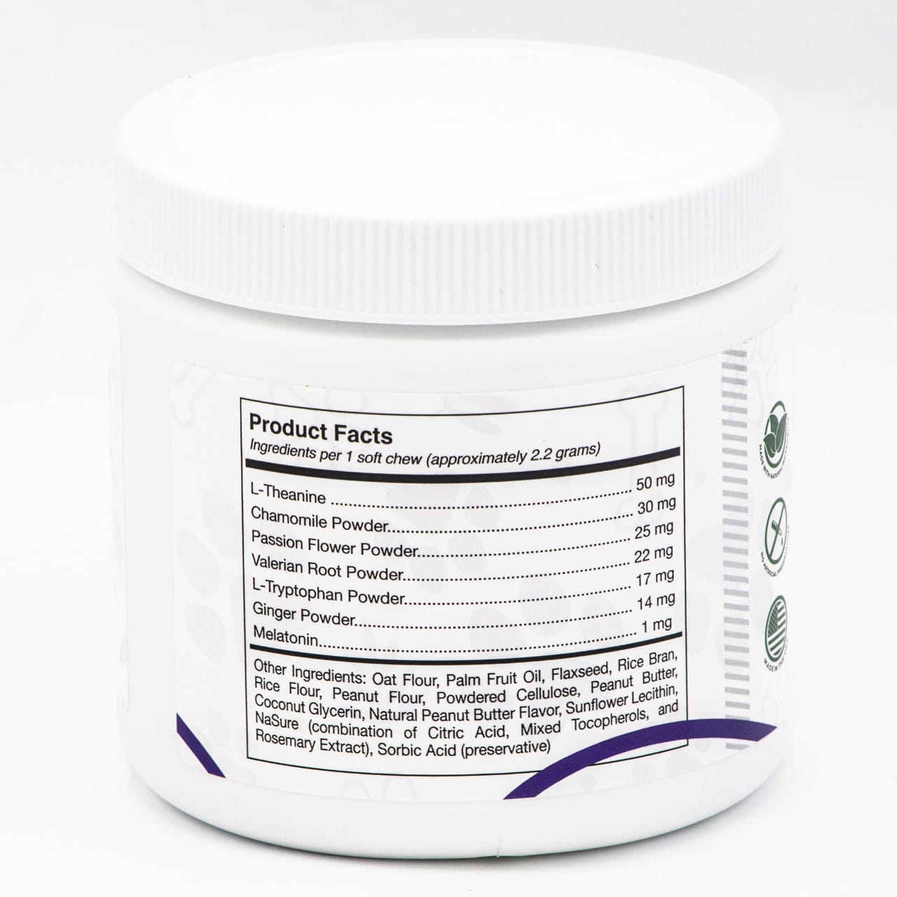 Supplement container with label showing product facts on a white background