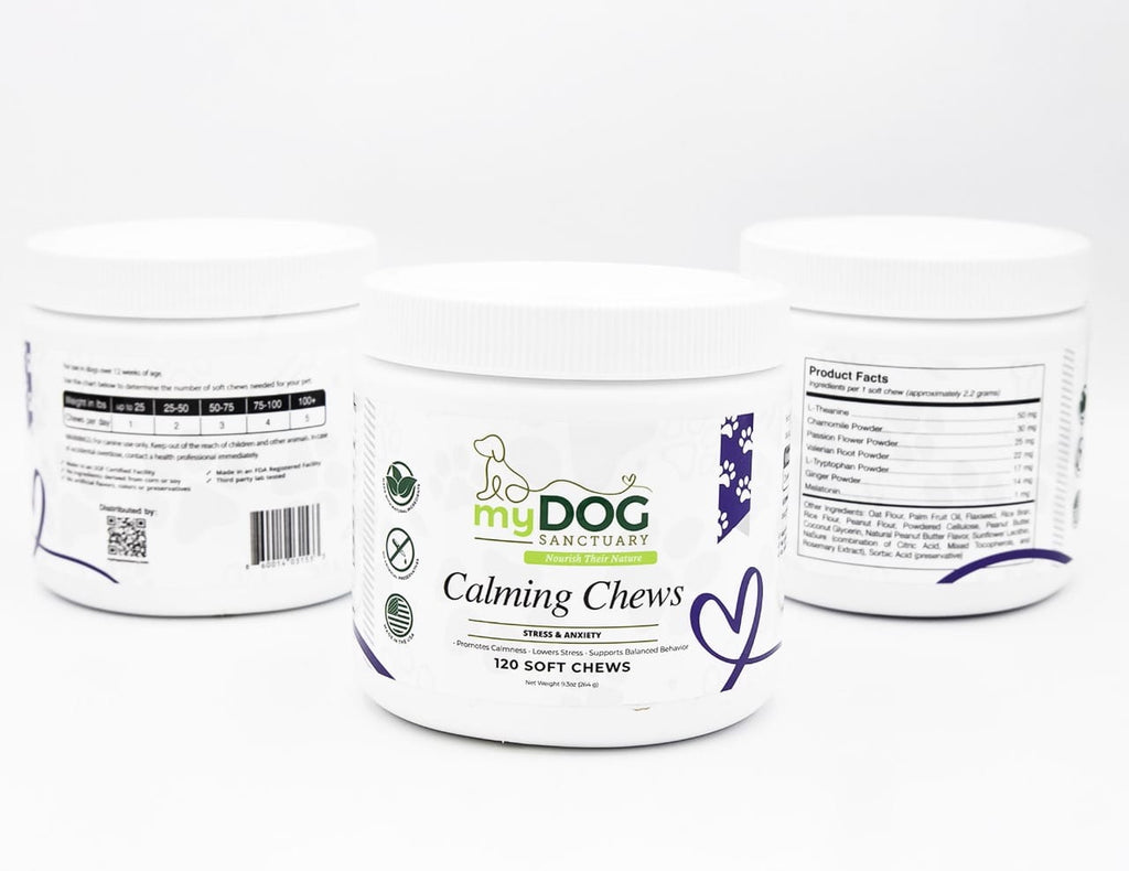 Container of myDOG Calming Chews on a white background