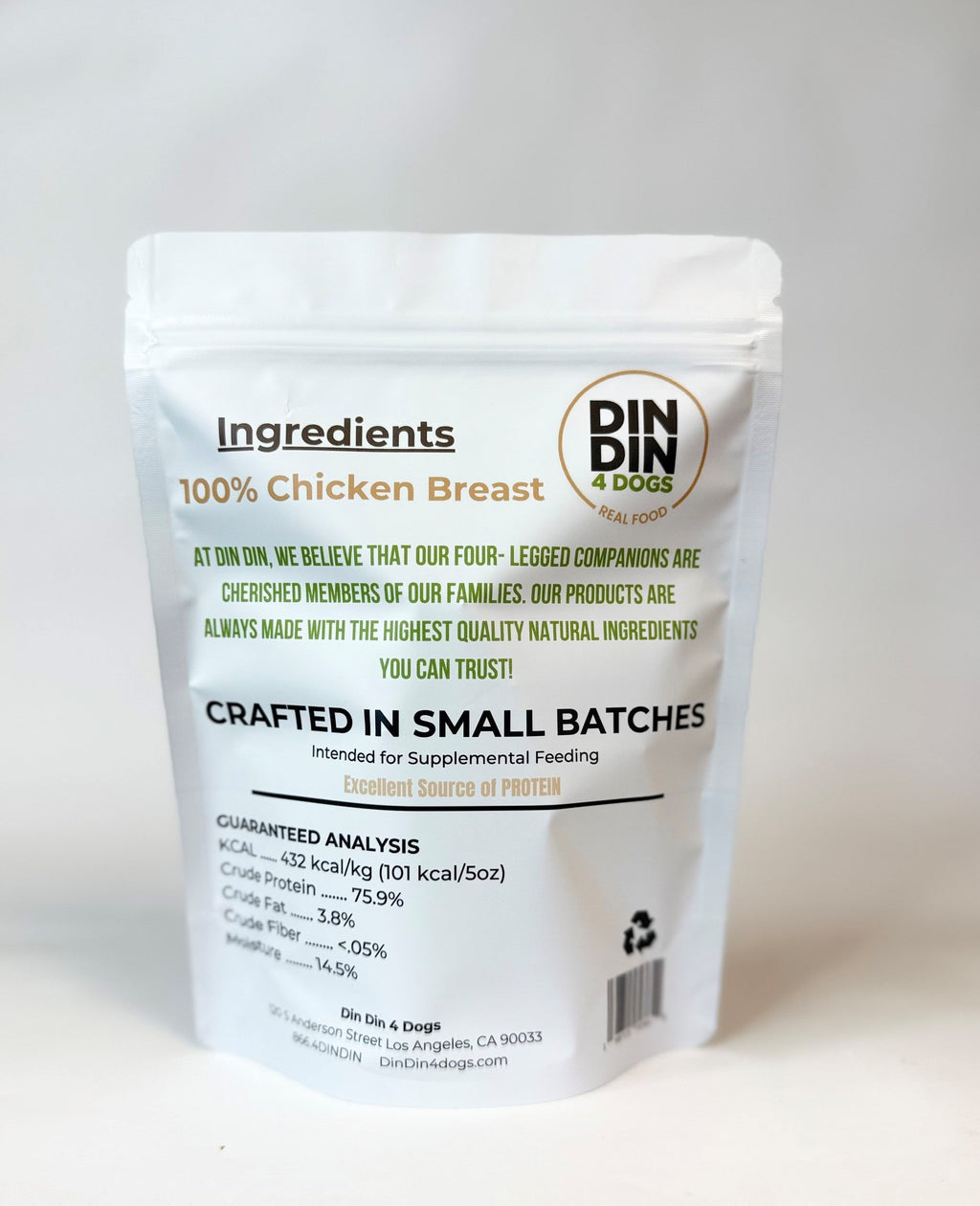 DIN DIN 4 DOGS dog food package with chicken breast ingredients on a white background