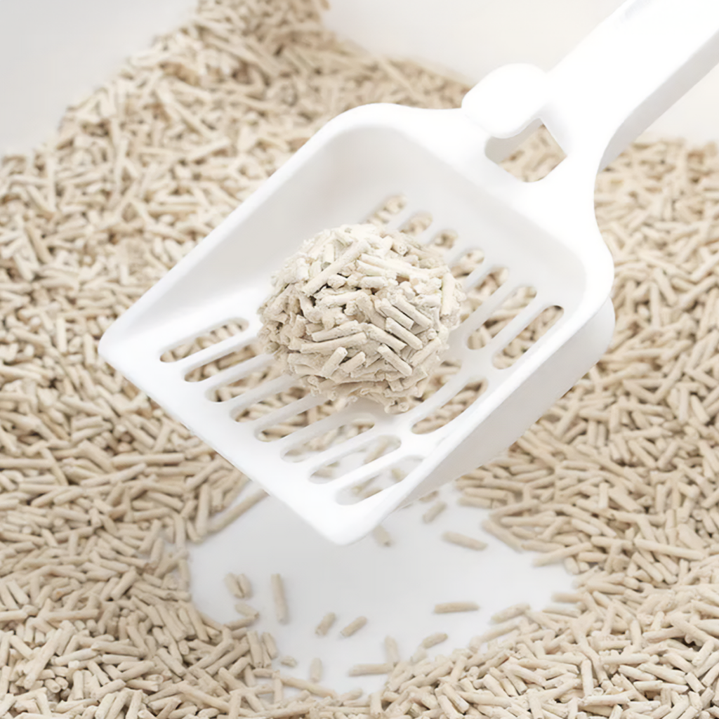 White scoop with cat litter on a white background