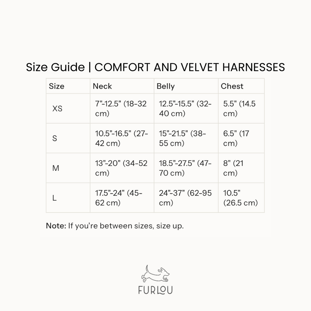 Size guide for comfort and velvet harnesses by Furlou on a white background