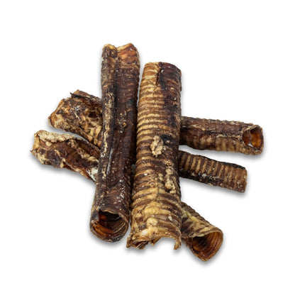 Beef trachea chews laid flat showing the ringed cartilage along each tube