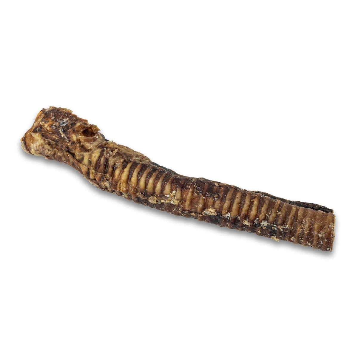 Five 12 inch beef trachea chews arranged to show the contents of the pack