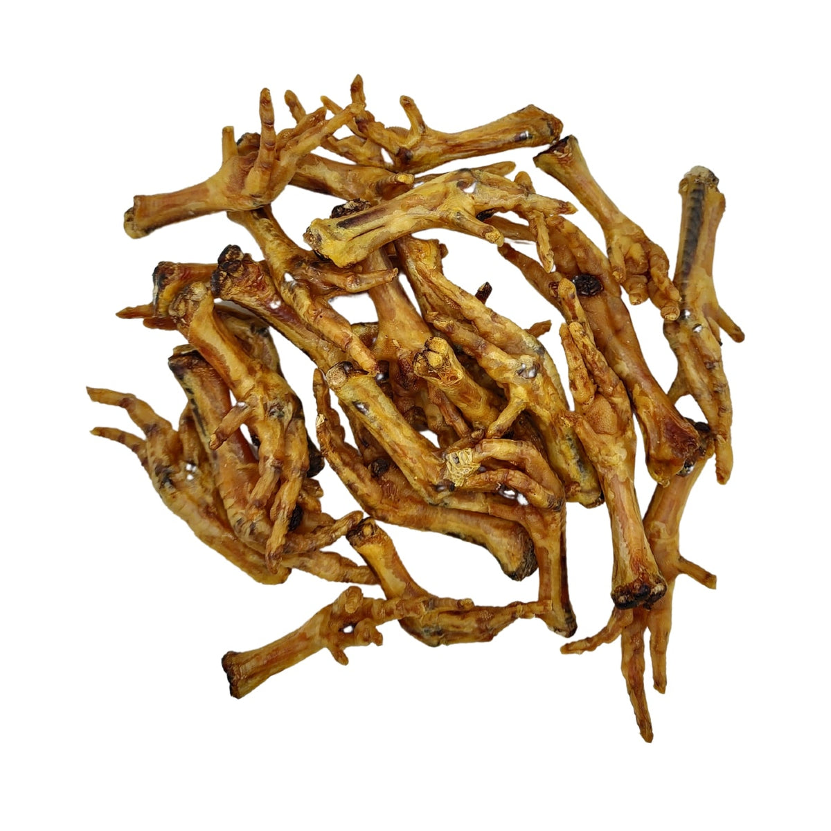 Dried chicken feet laid out together showing their small crunchy size