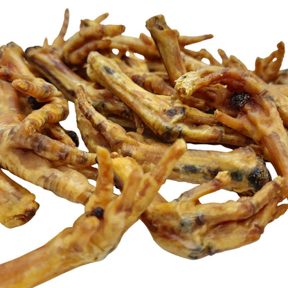 Close detail of a single dehydrated chicken foot dog treat and its texture