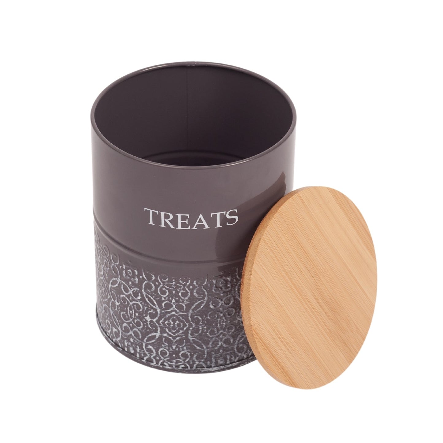 Close view of the raised filigree inlay on a volcanic gray treat canister