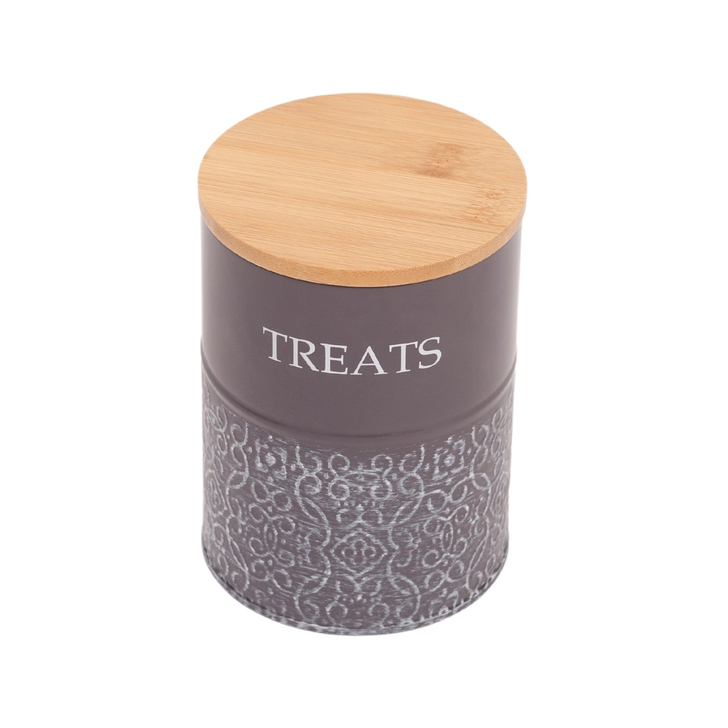Bamboo lid lifted from a carbon steel dog treat canister in volcanic gray