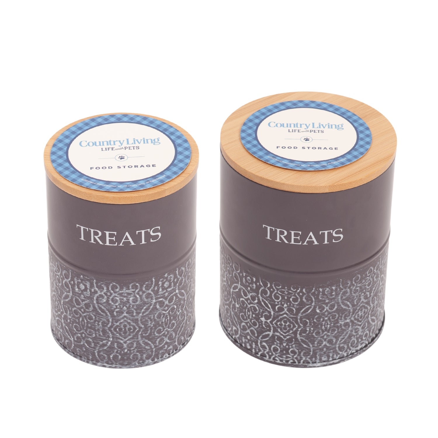 Country Living dog treat storage canisters, set of 2 in volcanic gray with bamboo lids