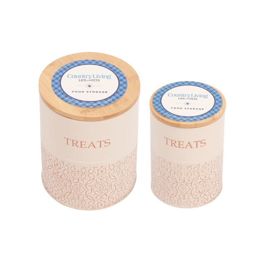 Country Living white dog treat canisters, set of 2 in White Swan with bamboo lids