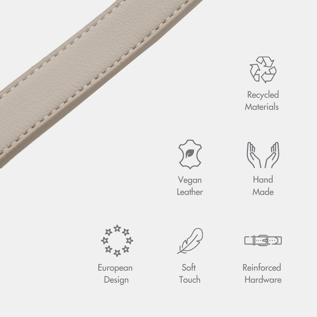 Product feature icons on a white background with a strap detail.