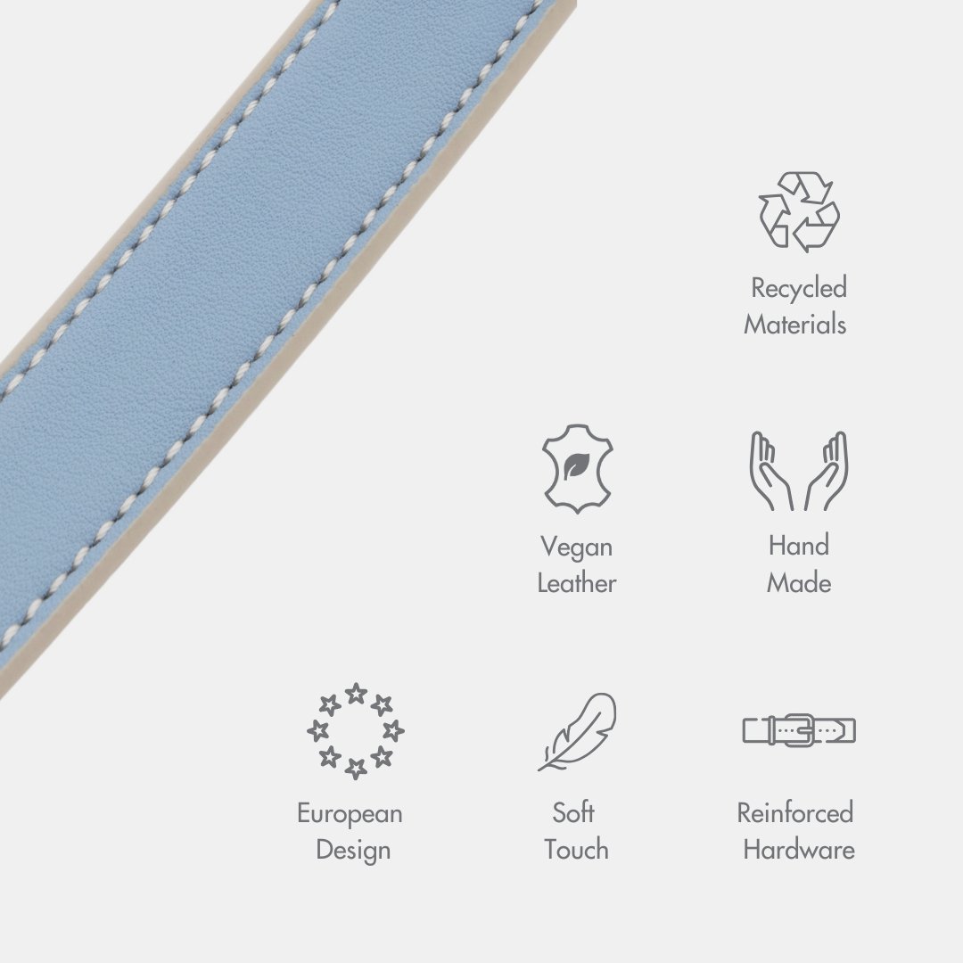 Product feature icons on a white background with a blue fabric edge.