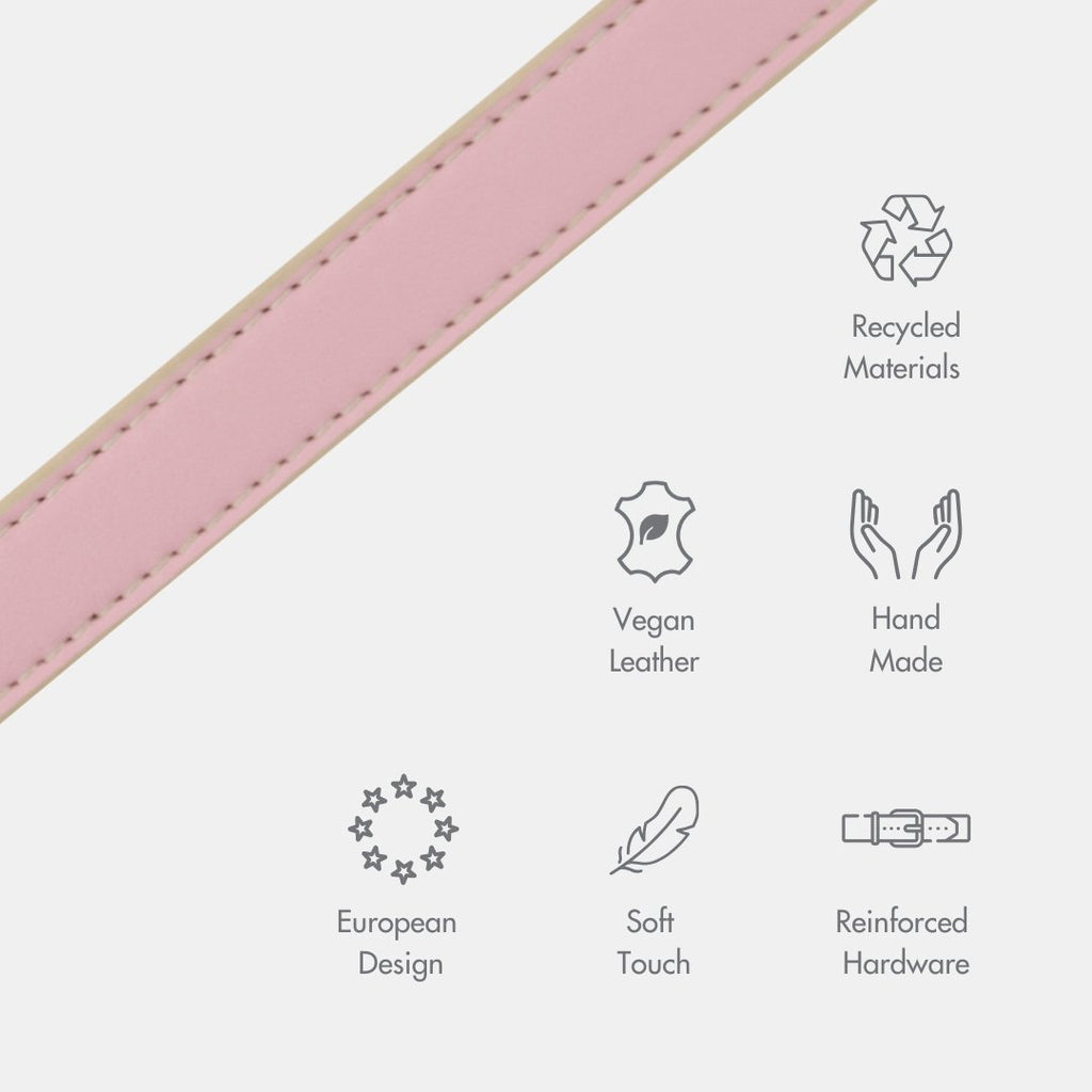 Pink leather strap with sustainability icons and text on a white background