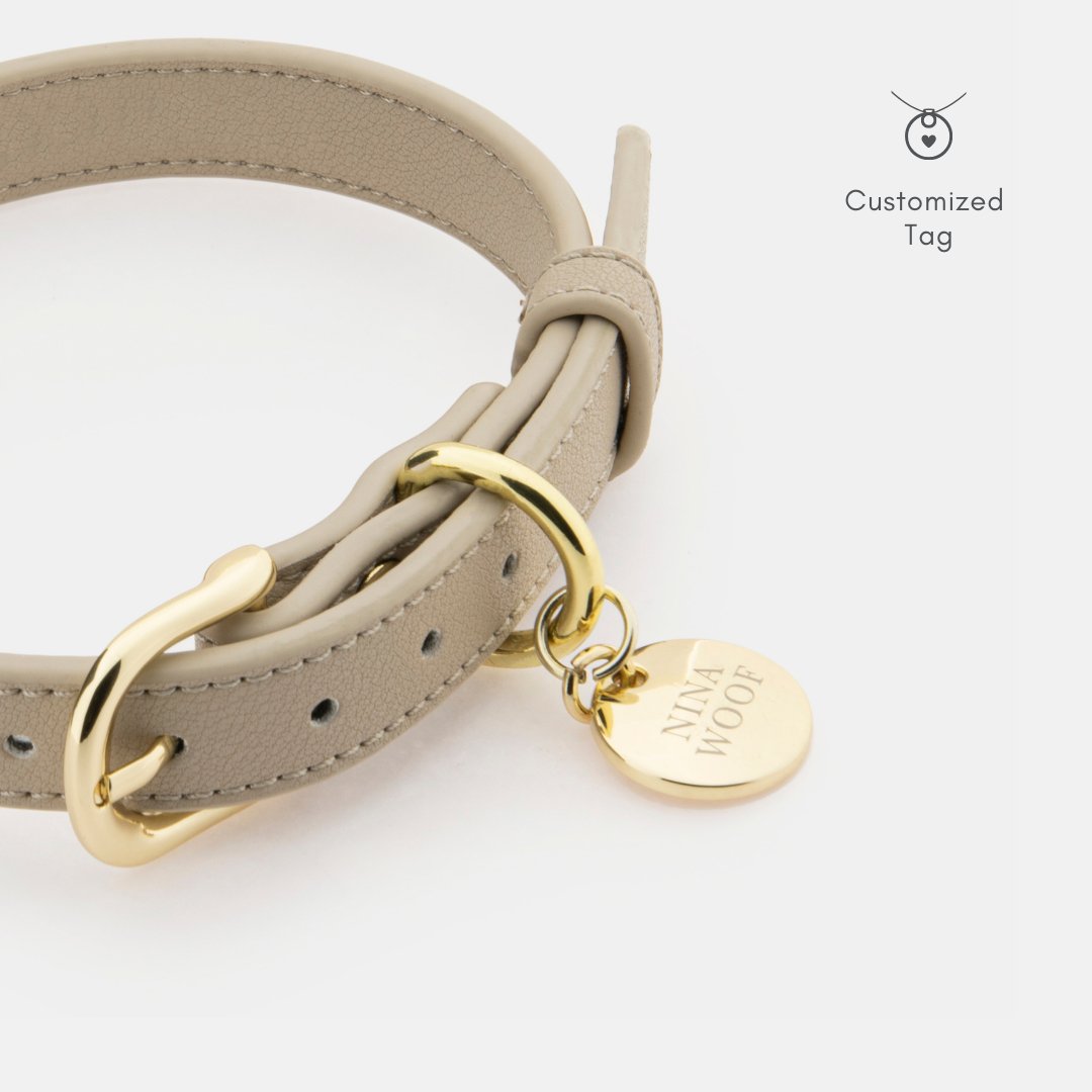 Beige leather dog collar with gold hardware and a customizable tag on a white background