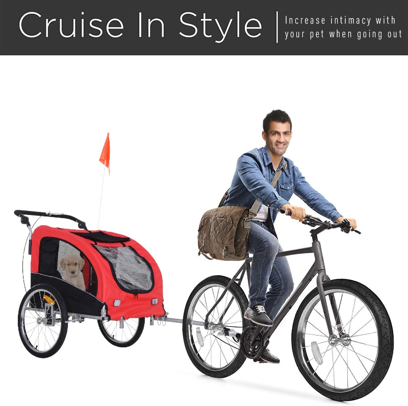 Man riding a bicycle with a red pet stroller attached, promoting the product 'Cruise In Style'.