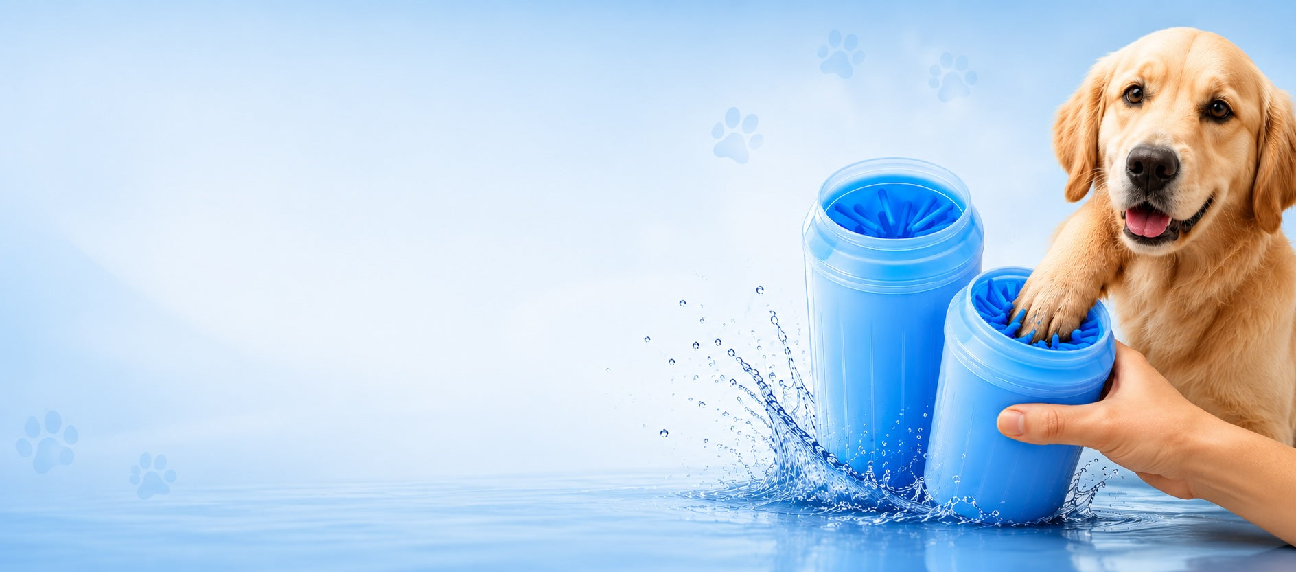 Dog playing with blue cylindrical toys on a blue background