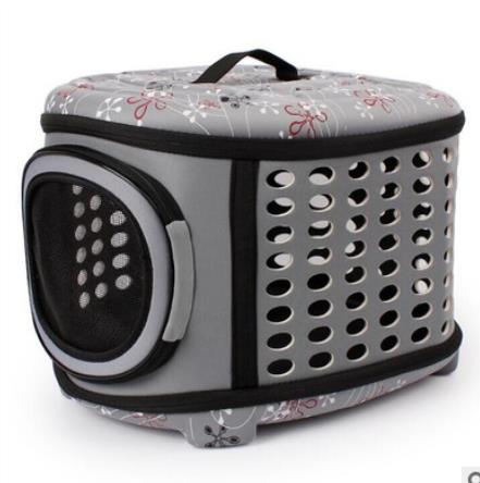 Gray pet carrier with floral pattern on a white background
