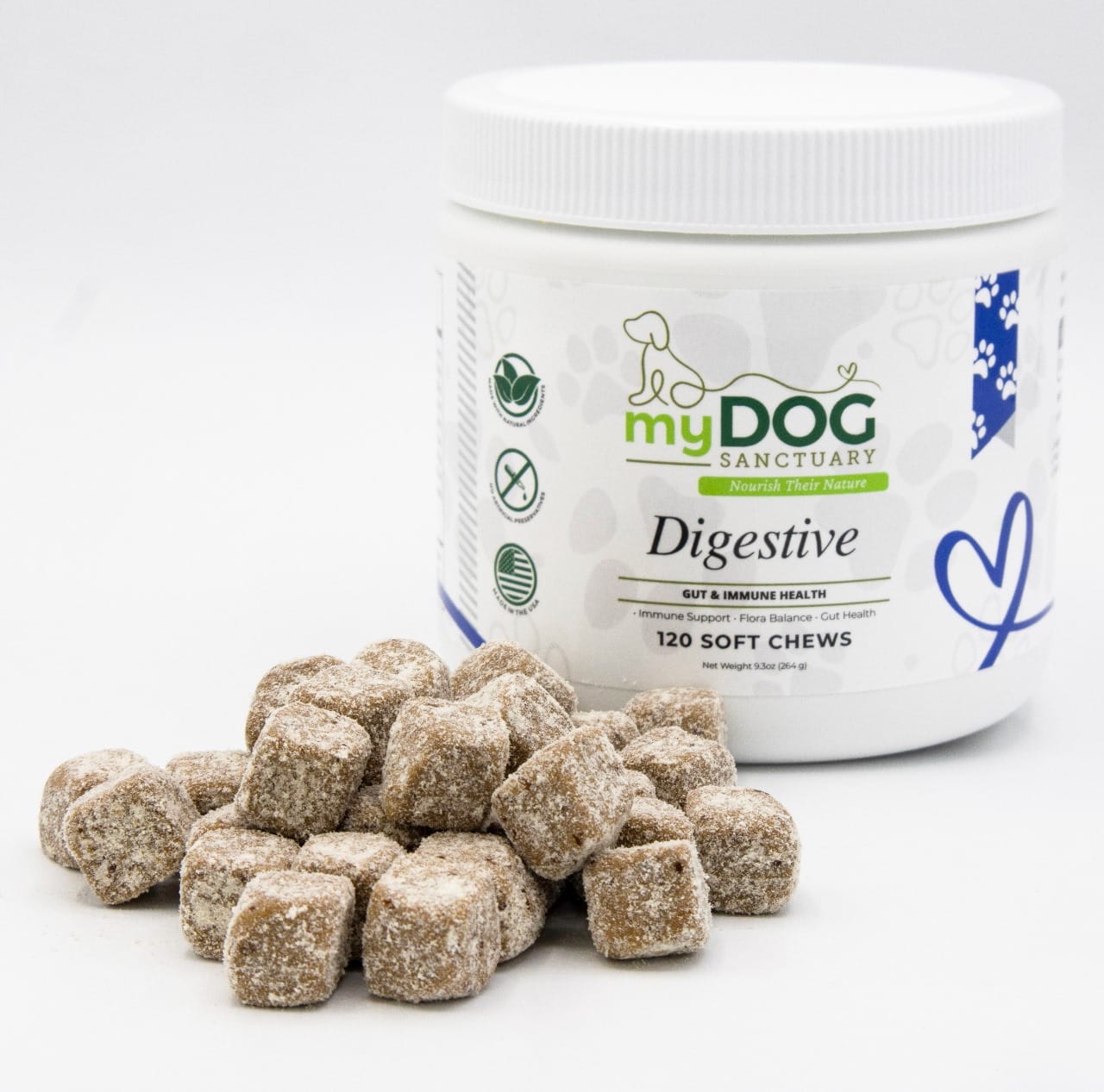 Jar of myDOG SANCTUARY digestive soft chews for dogs on a white background