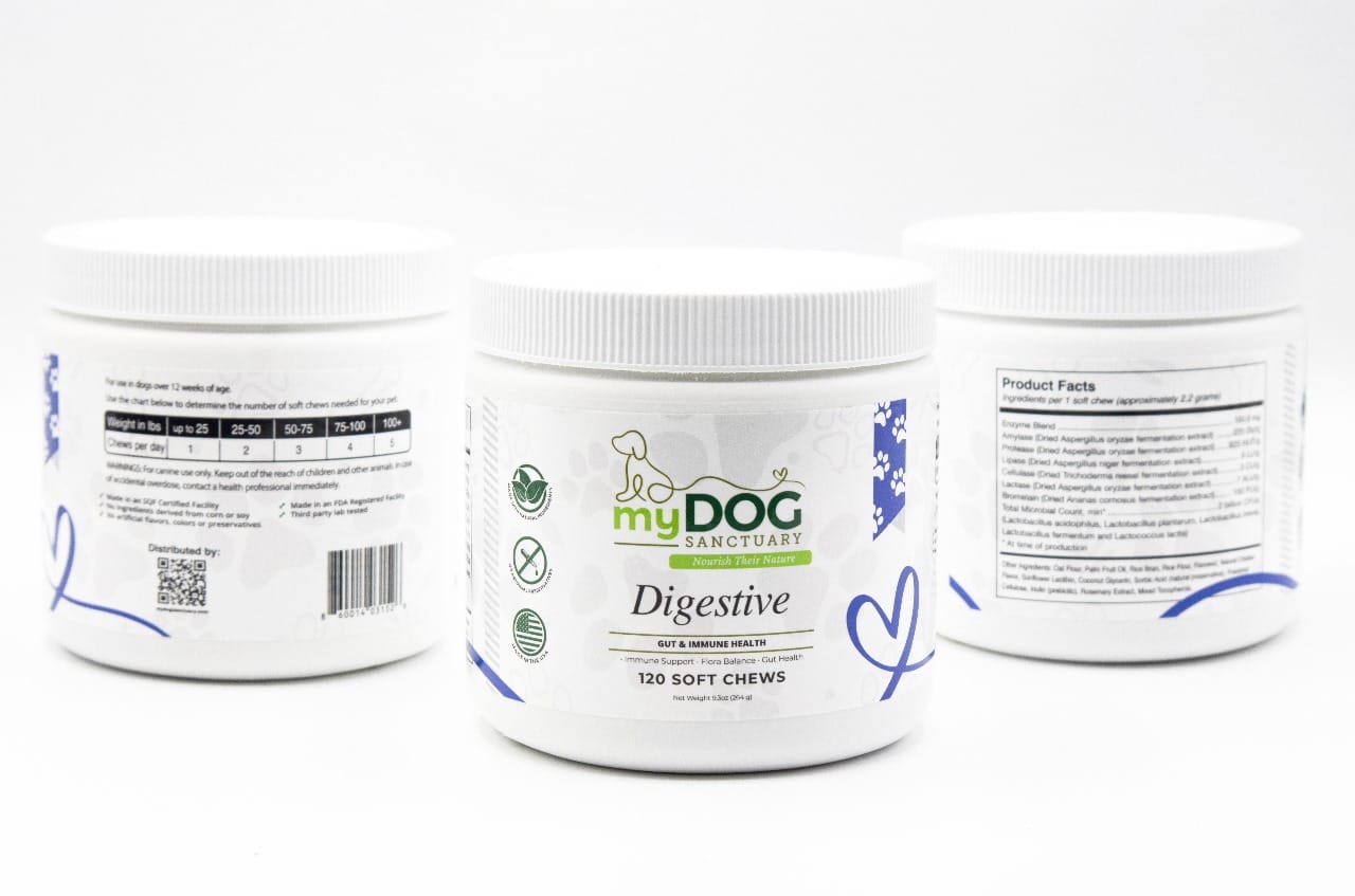 Three containers of myDOG Sanctuary digestive soft chews on a white background