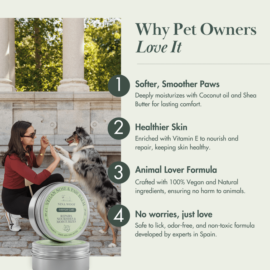 Woman sitting with a dog next to a product container, with text listing reasons why pet owners love it.