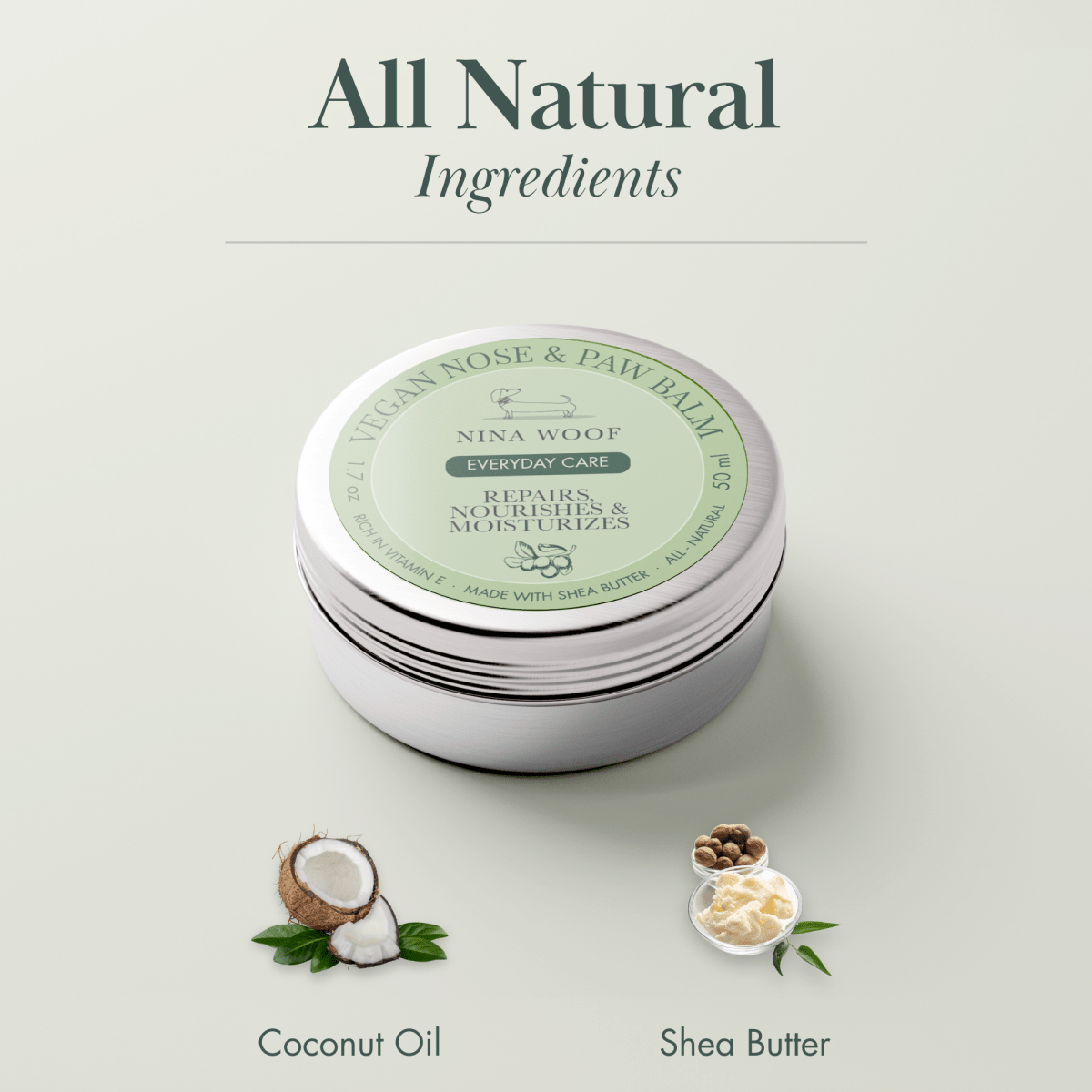 Nina Woof balm container with 'All Natural Ingredients' text and coconut oil and shea butter icons on a light gray background.