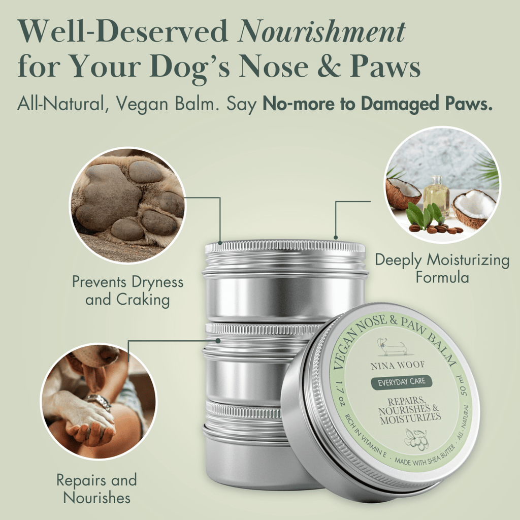 Nina Wood Vegan Nose & Paw Balm packaging with text on a light green background