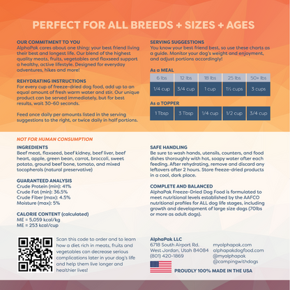 Dog food packaging with text on serving suggestions, rehydrating instructions, and product details.