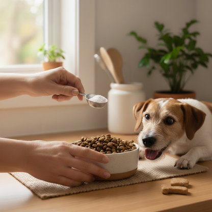 Person spooning dog food into a bowl with a dog eagerly waiting, in a home setting.