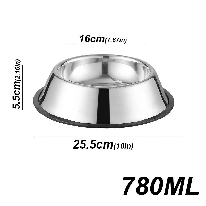 Stainless steel bowl with dimensions and capacity label on a white background