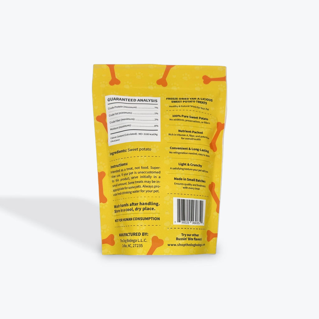 Yellow pet food packaging with text and a barcode on a white background