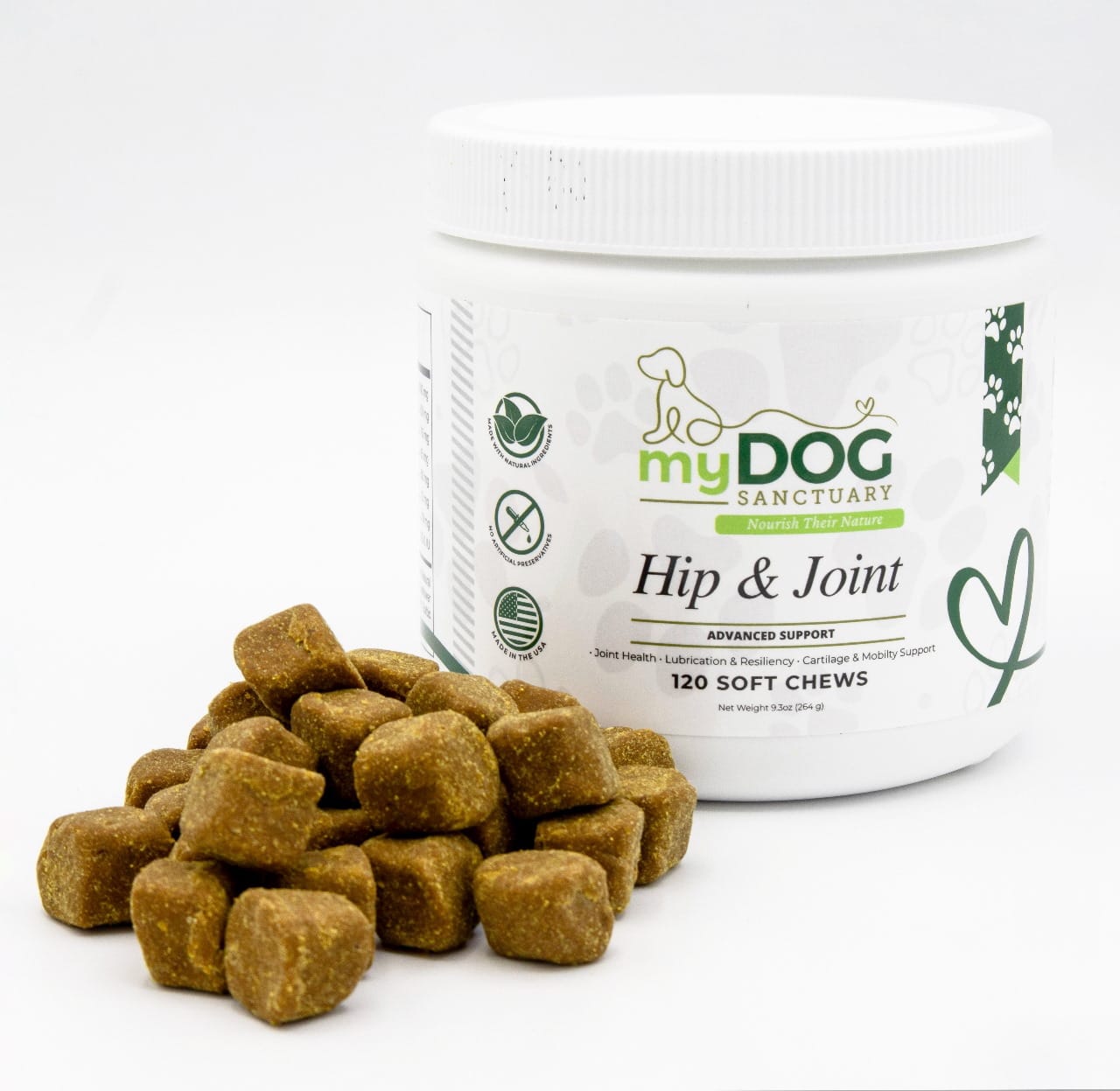 myDOG Sanctuary Hip & Joint soft chews with packaging on a white background
