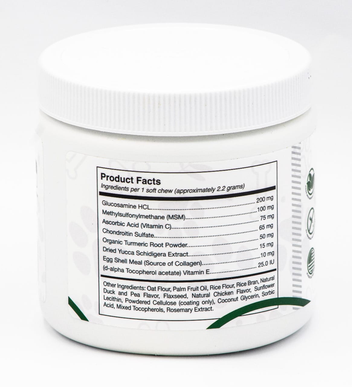 Supplement container with product facts label on a white background