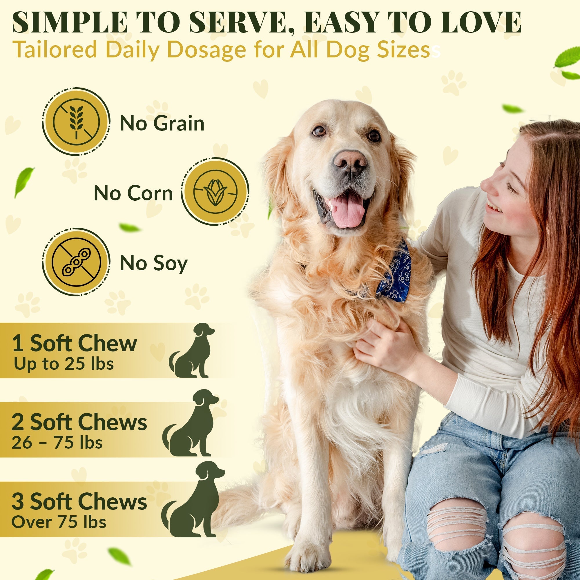Dog and owner with pet food product information on a light background