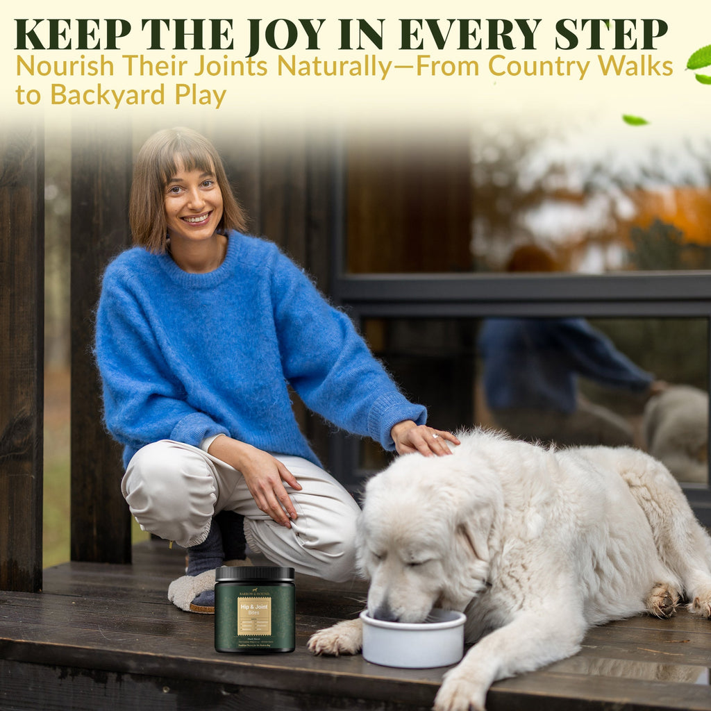 Woman in blue sweater petting a white dog by a candle on a wooden deck.