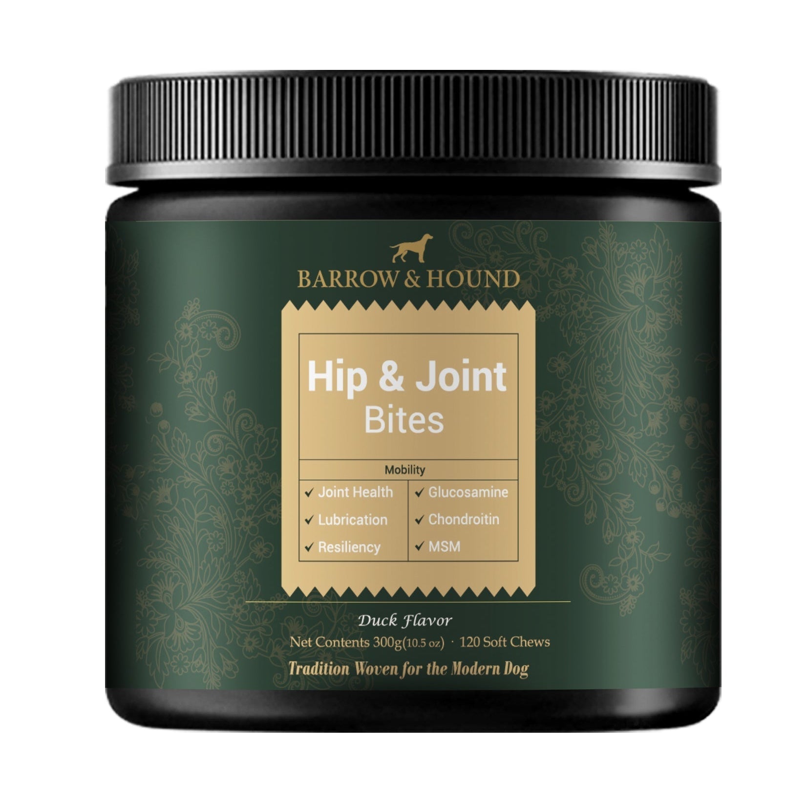 Container of Barrow & Hound Hip & Joint Bites for dogs on a white background