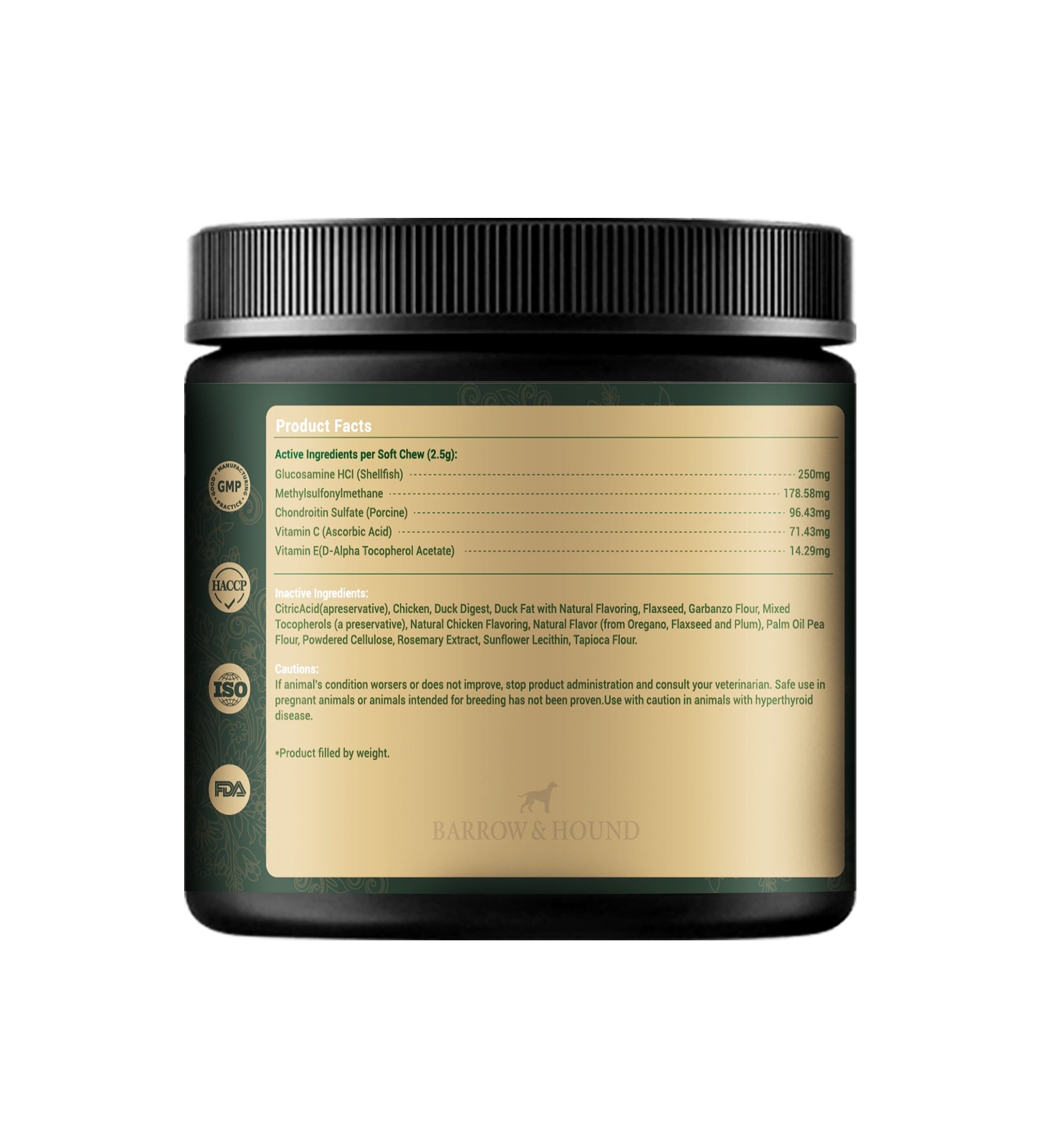 Black container with gold label on a white background