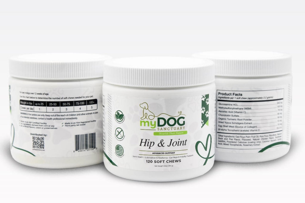 myDog Sanctuary Hip & Joint supplement containers on a white background