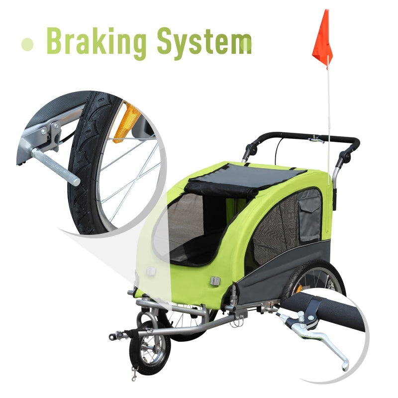 Green and gray bicycle trailer with braking system highlighted on a white background